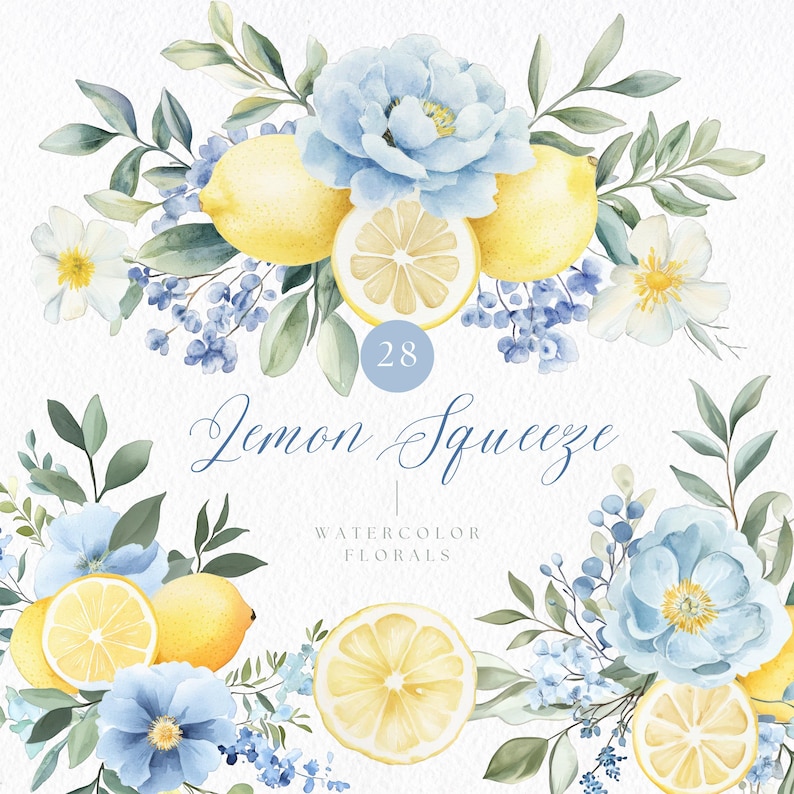 Blue Lemon Watercolor Clipart Bundle, Floral Wreaths, Citrus Wedding ...