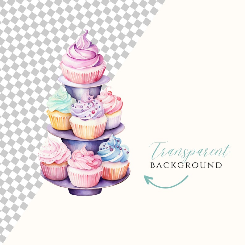 May include: A tiered cupcake stand with six colorful cupcakes decorated with frosting and sprinkles. The stand is on a white background with the text "Transparent Background" and an arrow.