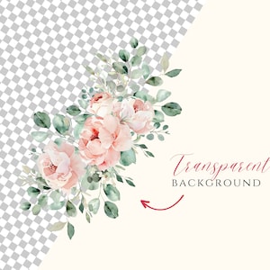 May include: A watercolor illustration of a bouquet of pink and white flowers with green leaves. The flowers are arranged in a corner of the image, with a transparent background.