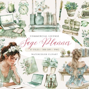 Aquarela Sage Green Planner Lover Clipart, Planner Clip Art, Journaling Clipart, Planner Girl PNG Bundle Sage Journal Bookworm, Book Lover