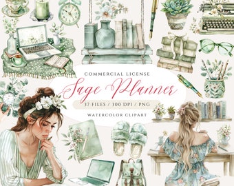 Watercolor Sage Green Planner Clipart: Bookworm PNG Bundle (Digital Download)