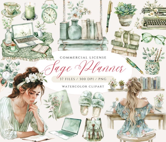 Watercolor Sage Green Planner Clipart: Bookworm PNG Bundle (Digital Download)