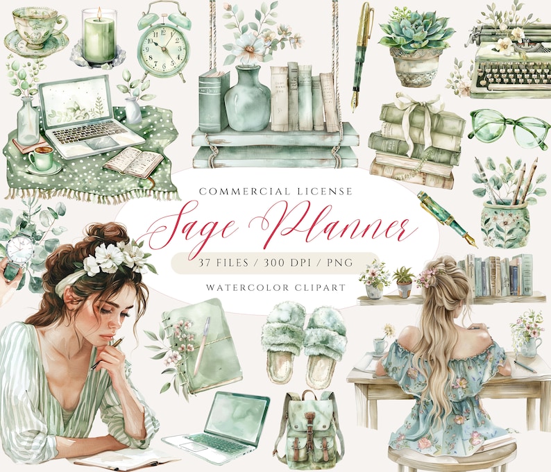 K&ouml;nnte beinhalten: Sage Planner Watercolor-Clipart-Set mit einer Frau, die an einem Laptop arbeitet, einer Schreibmaschine, B&uuml;chern, Pflanzen und anderen B&uuml;roartikeln. Das Set enth&auml;lt 37 Dateien, 300 DPI und ist f&uuml;r kommerzielle Zwecke bestimmt.