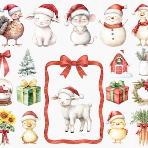 May include: Watercolor illustrations of Christmas-themed animals and objects. Includes a turkey, lamb, mouse, snowman, duck, and chick, all wearing Santa hats. Also features a snow globe, gifts, bows, a wreath, and a red house.