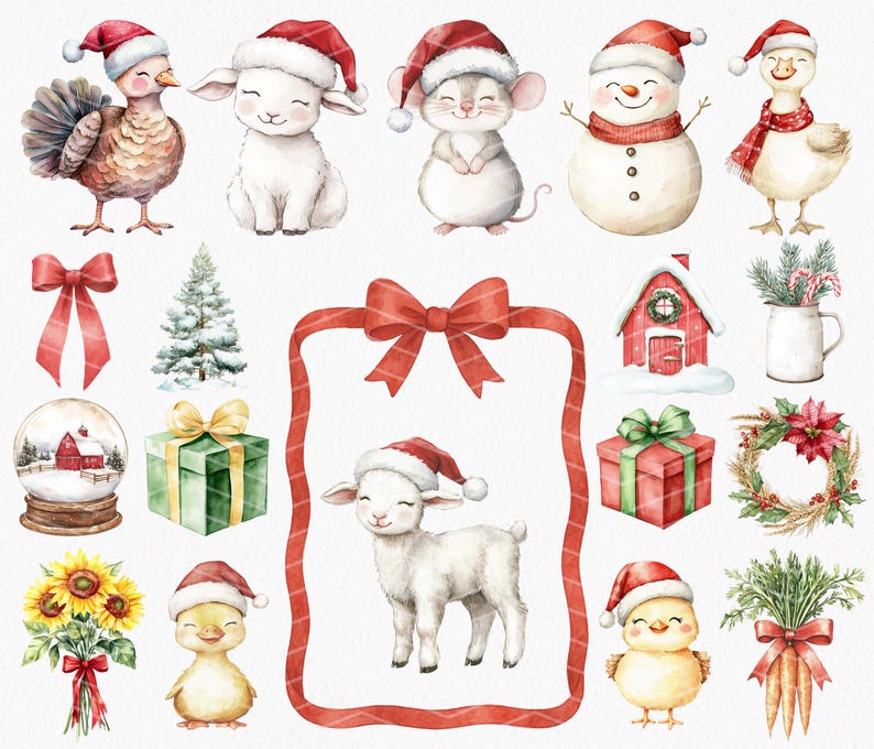 May include: Watercolor illustrations of Christmas-themed animals and objects. Includes a turkey, lamb, mouse, snowman, duck, and chick, all wearing Santa hats. Also features a snow globe, gifts, bows, a wreath, and a red house.