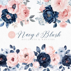 Imágenes prediseñadas florales de color azul marino y rubor, flores azules y rosas de acuarela, corona floral de rubor, imágenes prediseñadas de revelación de género, flores PNG, ramos delicados