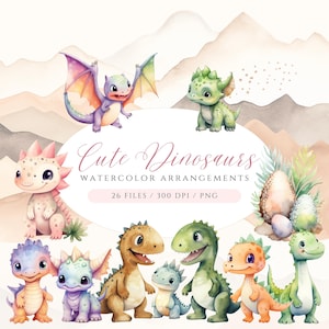 Imágenes Prediseñadas de Dino de acuarela, imágenes prediseñadas de dinosaurios, imágenes prediseñadas de guardería, PNG, conjunto de imágenes prediseñadas de dinosaurios bebés, imágenes prediseñadas de Triceratops, T-Rex, paquete de imágenes prediseñadas de Dino