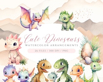 May include: Watercolor illustration featuring a collection of cute dinosaurs in various colors. The image includes a variety of dinosaurs, some with wings, and the text "Cute Dinosaurs Watercolor Arrangements". The background features a soft, watercolor landscape.