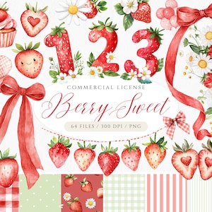 Beere süß Clipart, Aquarell Erdbeere PNG, Beere erster Geburtstag, Beere süße Babyparty, nahtlose Muster, Clipart rotes Band, Gänseblümchen