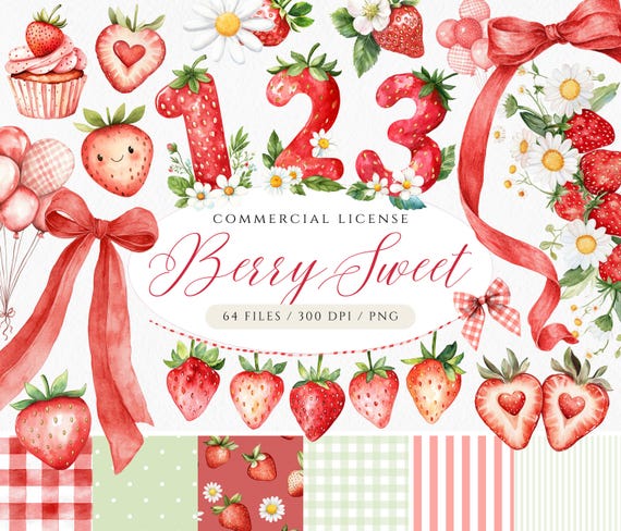 Watercolor Strawberry Clipart Bundle: Berry First Birthday Graphics (Digital Download, PNG, Patterns)