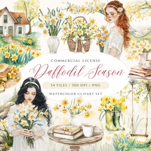 Imágenes prediseñadas de narciso en acuarela, imágenes prediseñadas de narciso de primavera, imágenes prediseñadas de primavera de Cottagecore, corona de narciso, imágenes prediseñadas de campo de primavera, ramo de narcisos
