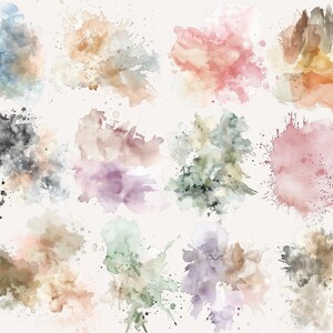 May include: A collection of 12 watercolor splatter designs in various shades of blue, green, purple, pink, and brown. The splatter designs are on a white background.