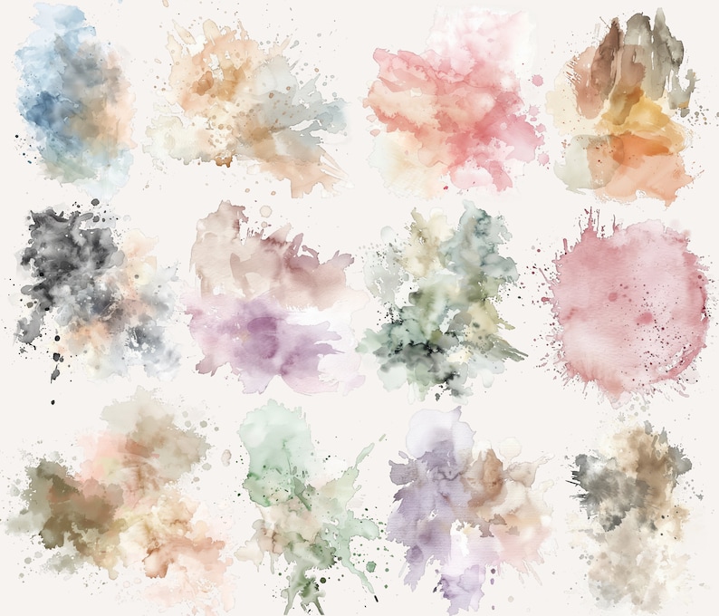 May include: A collection of 12 watercolor splatter designs in various shades of blue, green, purple, pink, and brown. The splatter designs are on a white background.