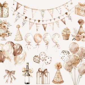 May include: A set of watercolor illustrations featuring party decorations in shades of brown and beige. The set includes balloons, party hats, gift boxes, a cupcake, a cake, and a bottle of wine. The illustrations are perfect for adding a touch of elegance to any party.