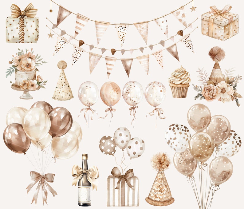 May include: A set of watercolor illustrations featuring party decorations in shades of brown and beige. The set includes balloons, party hats, gift boxes, a cupcake, a cake, and a bottle of wine. The illustrations are perfect for adding a touch of elegance to any party.