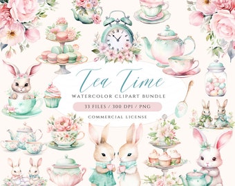 Bunny Tea Party Clipart: Watercolor Easter Rabbit, Teacup, Storybook PNG
