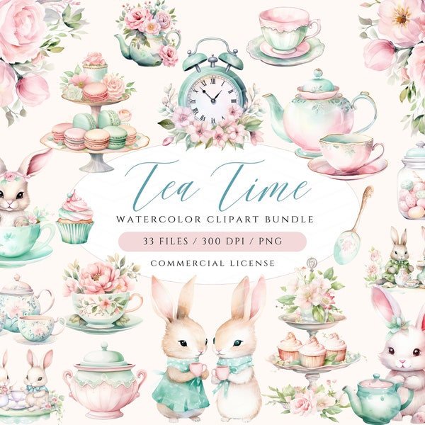 Cute Bunny Clipart, Tea Time Clipart, Mint Tea PNG, Watercolor Tea Party Clipart, Easter Clipart, Porcelain Teapot Clipart, Bunny Tea Party