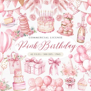 Clipart de aniversário rosa, PNG de aniversário boho, presente de aniversário blush, guirlanda de balões, clipart de cupcake floral, gráficos de festa rosa, ursinho de pelúcia