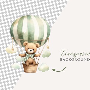 May include: A watercolor illustration of a brown teddy bear wearing a green scarf and riding in a green and white striped hot air balloon. The balloon is surrounded by small white clouds.