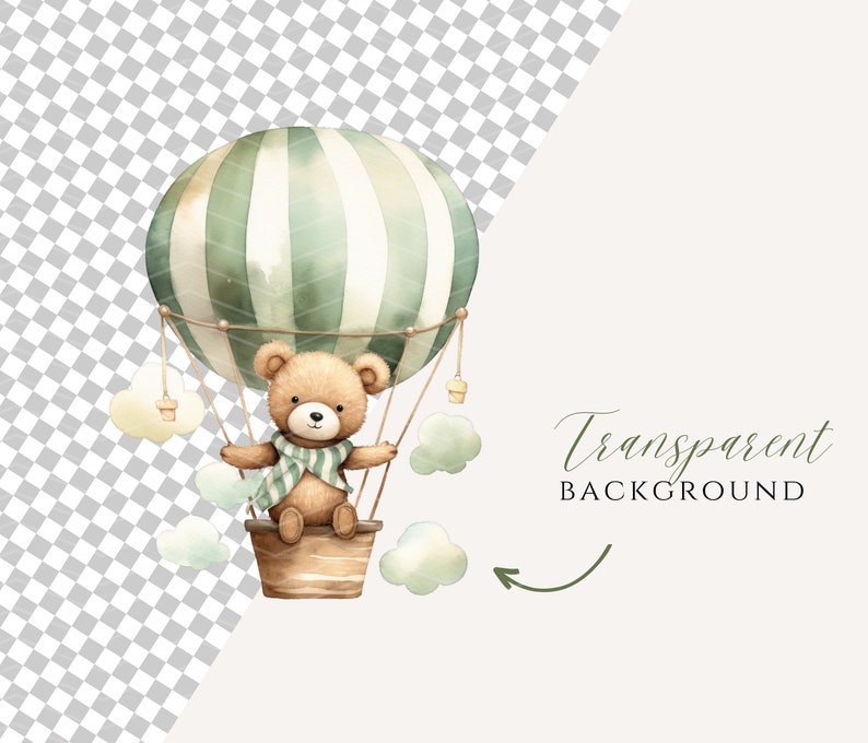 May include: A watercolor illustration of a brown teddy bear wearing a green scarf and riding in a green and white striped hot air balloon. The balloon is surrounded by small white clouds.
