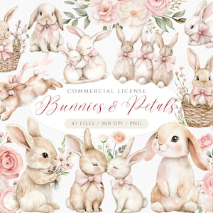 Coquette Floral Bunny Clipart Set: Watercolor Pink Easter Bunnies PNG (Digital Download)