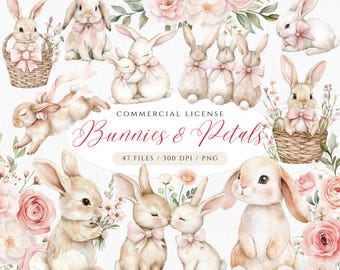 Coquette Floral Bunny Clipart Set: Watercolor Pink Easter Bunnies PNG (Digital Download)