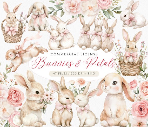 Coquette Floral Bunny Clipart Set: Watercolor Pink Easter Bunnies PNG (Digital Download)