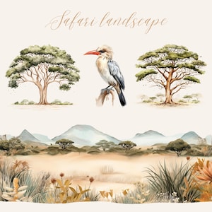 May include: Watercolor painting of a safari landscape with a bird perched on a branch. The landscape features rolling hills, trees, and tall grass. The bird is a grey and white with a long orange beak. The painting is titled "Safari Landscape".