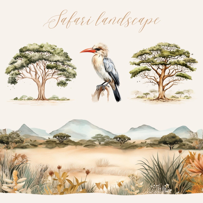May include: Watercolor painting of a safari landscape with a bird perched on a branch. The landscape features rolling hills, trees, and tall grass. The bird is a grey and white with a long orange beak. The painting is titled "Safari Landscape".