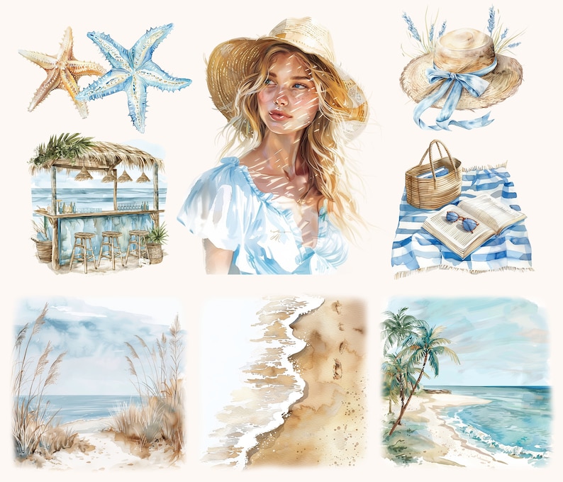 Watercolor Beach Clipart Bundle: Boho Summer PNG Graphics (digital ...