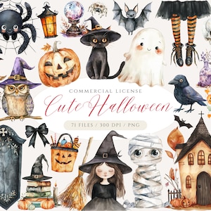 Bundle de cliparts aquarelle Halloween mignon, sorcière, chat noir, citrouille des cliparts, enfants Halloween PNG, décoration d'Halloween, fantôme, maman