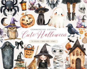 Halloween Clipart Bundle, Watercolor Witch, Pumpkin, Ghost (Digital Download