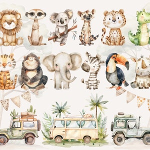 Doux animaux de safari, Clipart aquarelle pour chambre d'enfant Safari, Safari aventure, Safari PNG, Animaux de la jungle PNG, Safari Tour, Bébés animaux Safari image 2