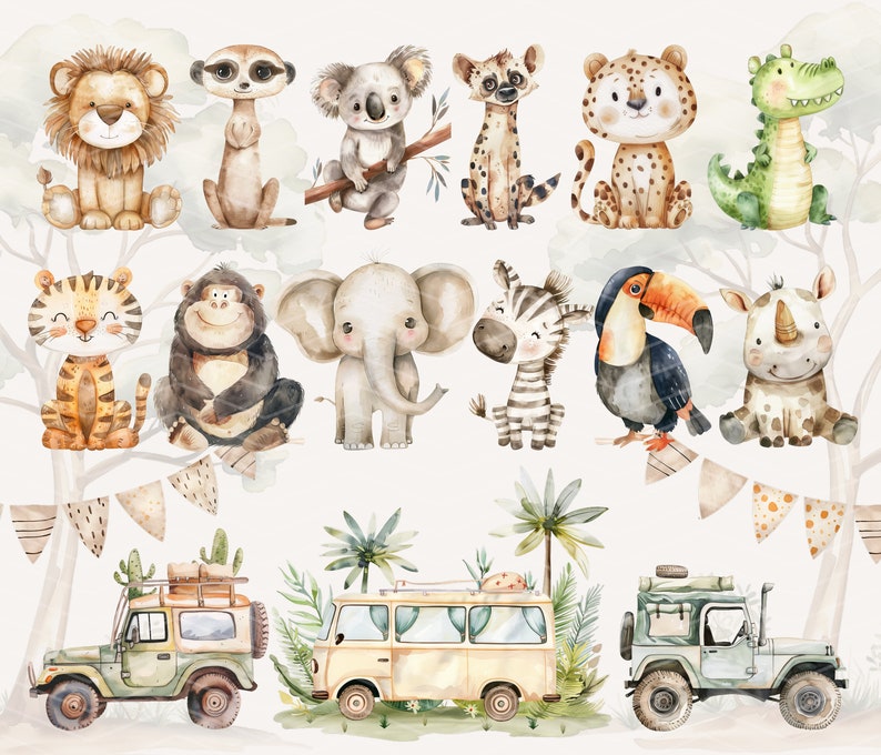 Doux animaux de safari, Clipart aquarelle pour chambre d'enfant Safari, Safari aventure, Safari PNG, Animaux de la jungle PNG, Safari Tour, Bébés animaux Safari image 2