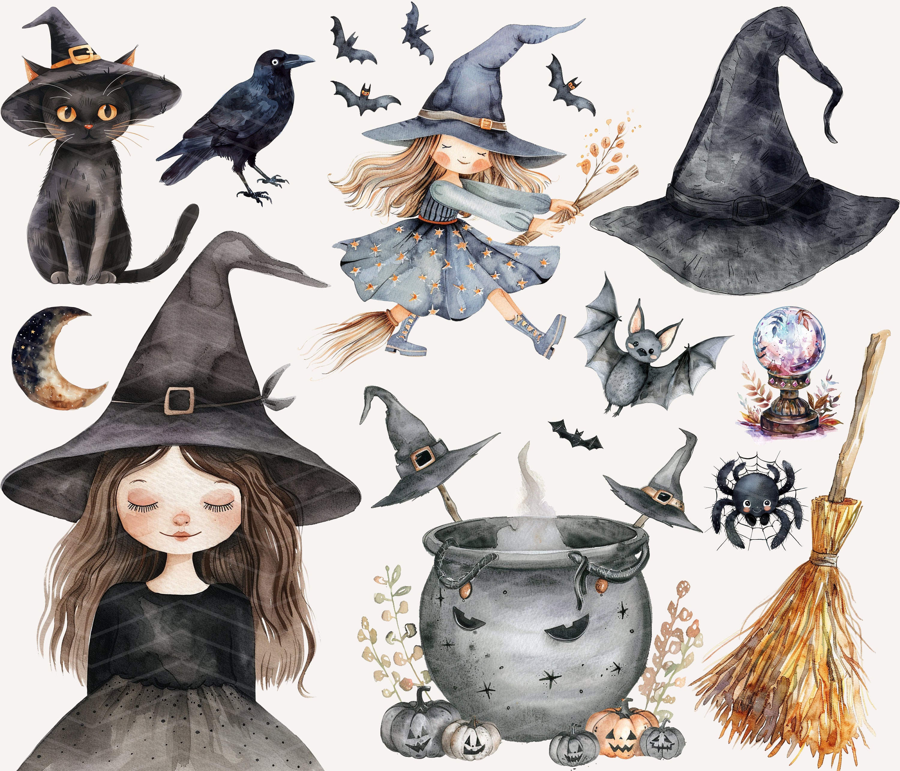 Halloween Clipart Bundle, Watercolor Witch, Pumpkin, Ghost (digital ...