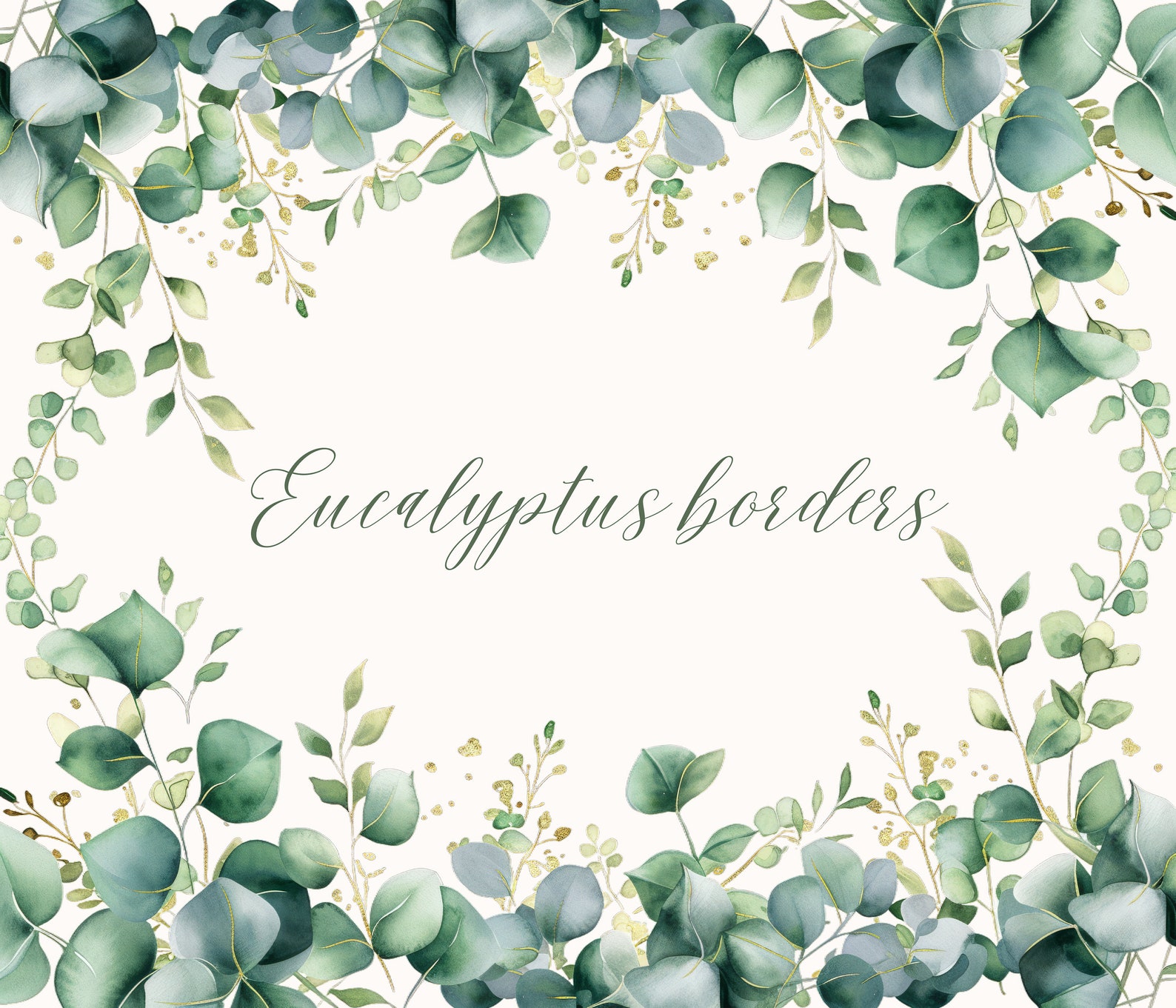 Watercolor Eucalyptus Clipart: Greenery & Gold PNG Images (digital ...