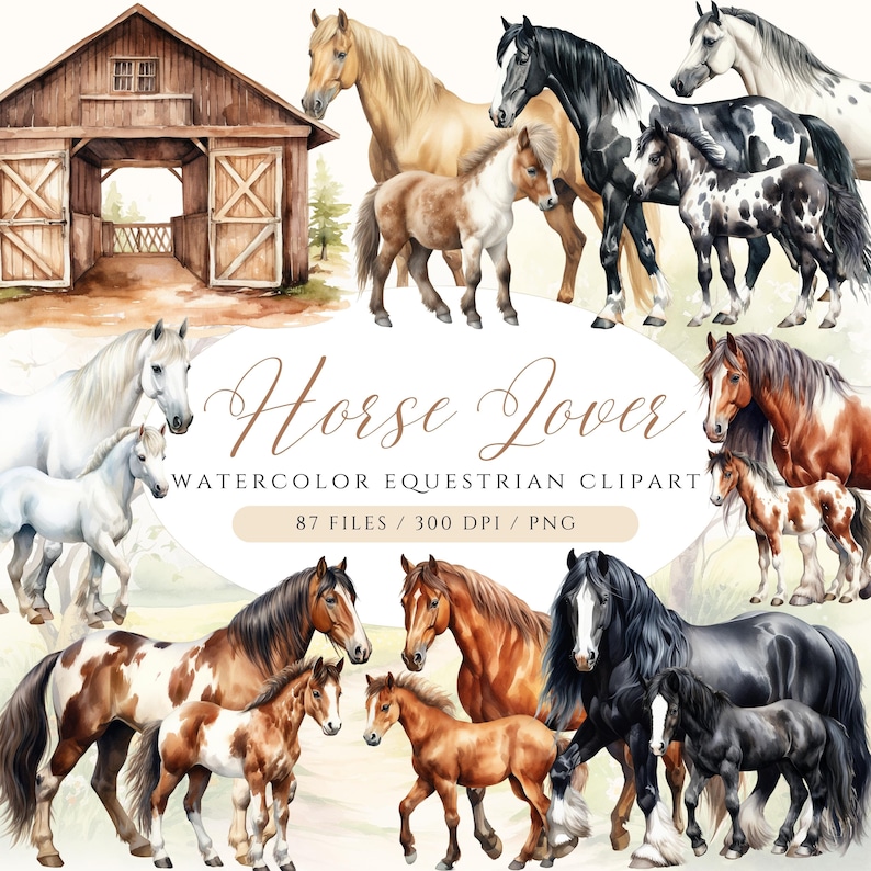 May include: Watercolor clipart set of horses in various poses and colors. The set includes a brown horse with a white mane, a black horse with a white mane, a white horse with a brown mane, a brown and white pinto horse, a black and white pinto horse, a brown and white pony, a black and white pony, and a brown and white foal. The set is perfect for creating digital or printed projects.