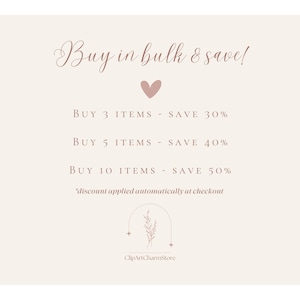 May include: A cream-coloured graphic with text that reads "Buy in bulk & save!" with a pink heart. It offers discounts: Buy 3 items save 30%, Buy 5 items save 40%, and Buy 10 items save 50%.