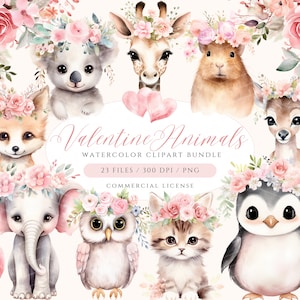 Clipart de animal fofo, clipart de animal em aquarela para dia dos namorados, clipart de dia dos namorados, clipart floral blush, clipart de animal bebê, animais florais