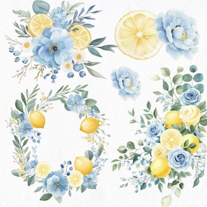 Blue Lemon Watercolor Clipart Bundle, Floral Wreaths, Citrus Wedding ...