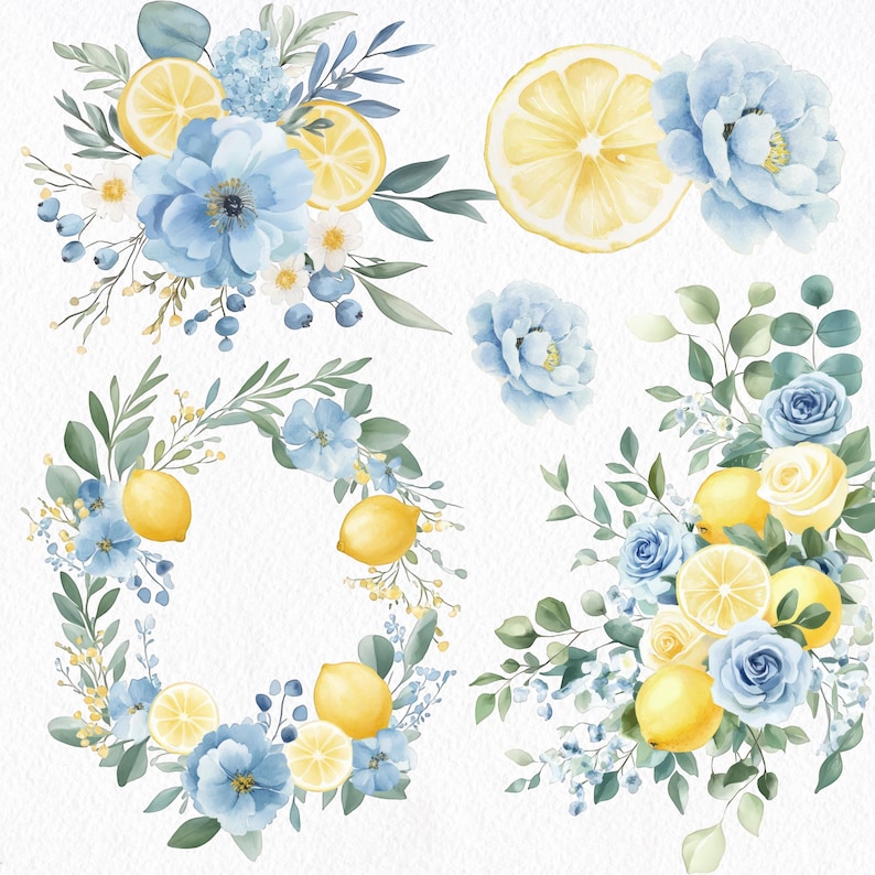 Blue Lemon Watercolor Clipart Bundle, Floral Wreaths, Citrus Wedding ...