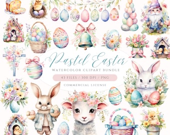 Pastel Easter Clipart: Watercolor Bunny, Eggs, Chick (PNG Digital Download)