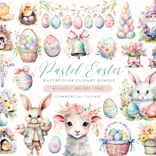 Pastel Easter Clipart, Watercolor Easter Egg, Easter Bunny, Spring Clipart, Easter Basket, Happy Easter PNG, Easter Chick, Easter Animals