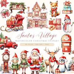 Aquarell Santa's Dorf Clipart, Santa Clipart, Weihnachten Clipart Bundle, Weihnachtsdorf, Nordpol, Weihnachten Rentier Clipart