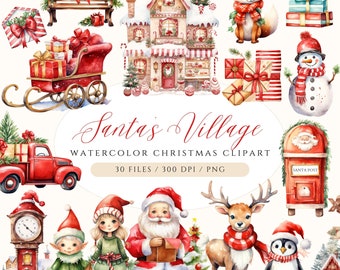 Watercolor Santa&#39;s Village Clipart, Santa Clipart, Christmas Clipart Bundle, Christmas Village, North Pole, Christmas Reindeer Clipart