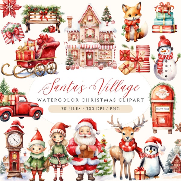 Aquarelle village des cliparts, clipart père Noël, lot de cliparts Noël, village de Noël, pôle Nord, clipart renne de Noël