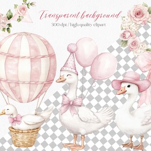 Puede incluir: Ilustraci&oacute;n en acuarela con fondo transparente, con gansos, un globo aerost&aacute;tico y elementos florales en tonos rosas. El texto "Transparent background" es visible.