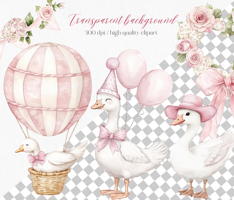 Puede incluir: Ilustraci&oacute;n en acuarela con fondo transparente, con gansos, un globo aerost&aacute;tico y elementos florales en tonos rosas. El texto "Transparent background" es visible.