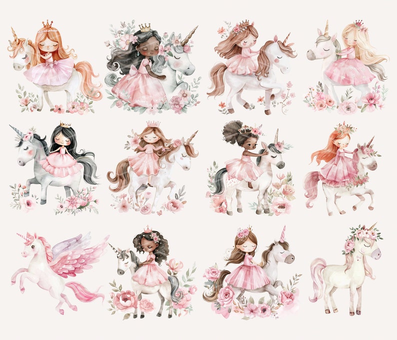 May include: A set of twelve watercolor illustrations featuring princesses riding unicorns. Each princess is wearing a pink dress and a crown, and each unicorn has a pink horn and mane. The illustrations are set against a white background with pink flowers.