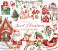 Sweet Christmas Clipart Bundle, Cute Santas Village Clipart, North Pole, Christmas Village, Reindeer, Snowman, Elf, Winter Holidays, Wreath
